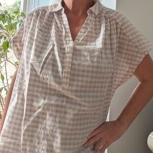 BDG Urban Outfitters Small Cotton Plaid Summer Popover Top Blouse Gray Beige NWT